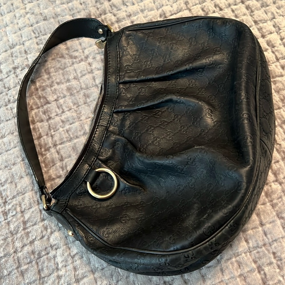 Gucci Black monogram leather hobo handbag
